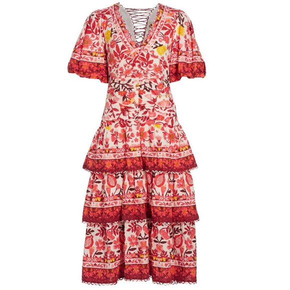 Farm Rio Romantic Orchard Tiered Midi-Dress Size XS Floral Print